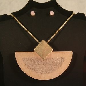 Necklace earring set gold pink moonstone pendant